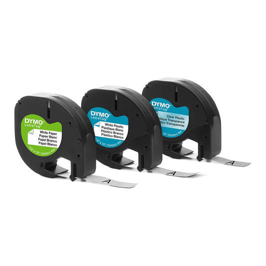 Kit 3 Piezas Cinta Dymo Letratag 1xPlastico Blanco 1xPlastico Transparente 1xPapel Blanco 12mm x 4m 12331