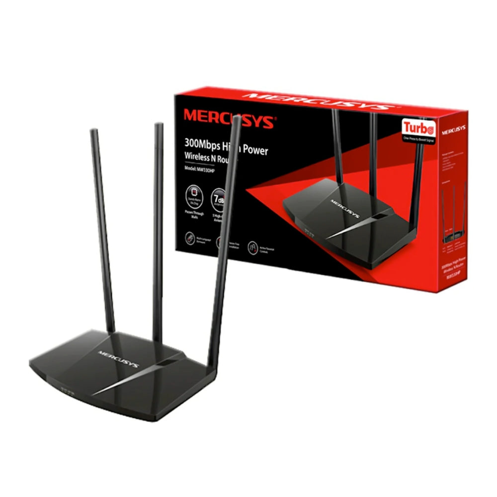 Router Mercusys Inalambrico Rompe Muro 300Mbps 1WAN 3LAN 10/100Mbps 3 Antenas Fijas 7dBi Boton Turbo MW330HP