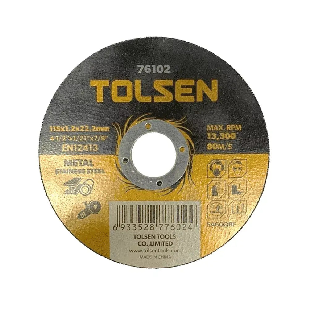 Disco de Corte Tolsen 4.5" 115x1.2x22.2mm para Metal y Acero Inoxidable Maximo 13,300 RPM 76102