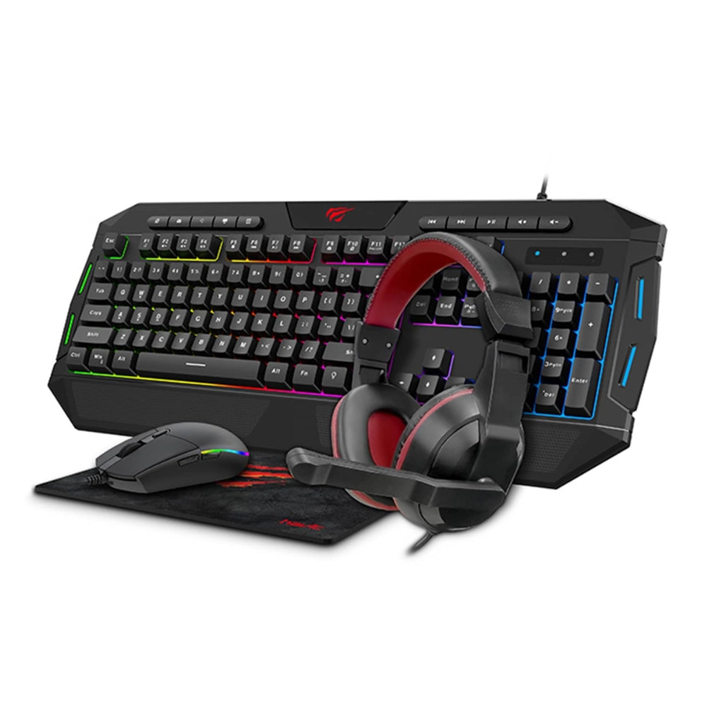 Combo Gamer Havit 4en1 Mouse 2400DPI Auricular con Altavoz magnetico de 40mm Teclado en Español con Luces y Mouse Pad KB501CM-SP