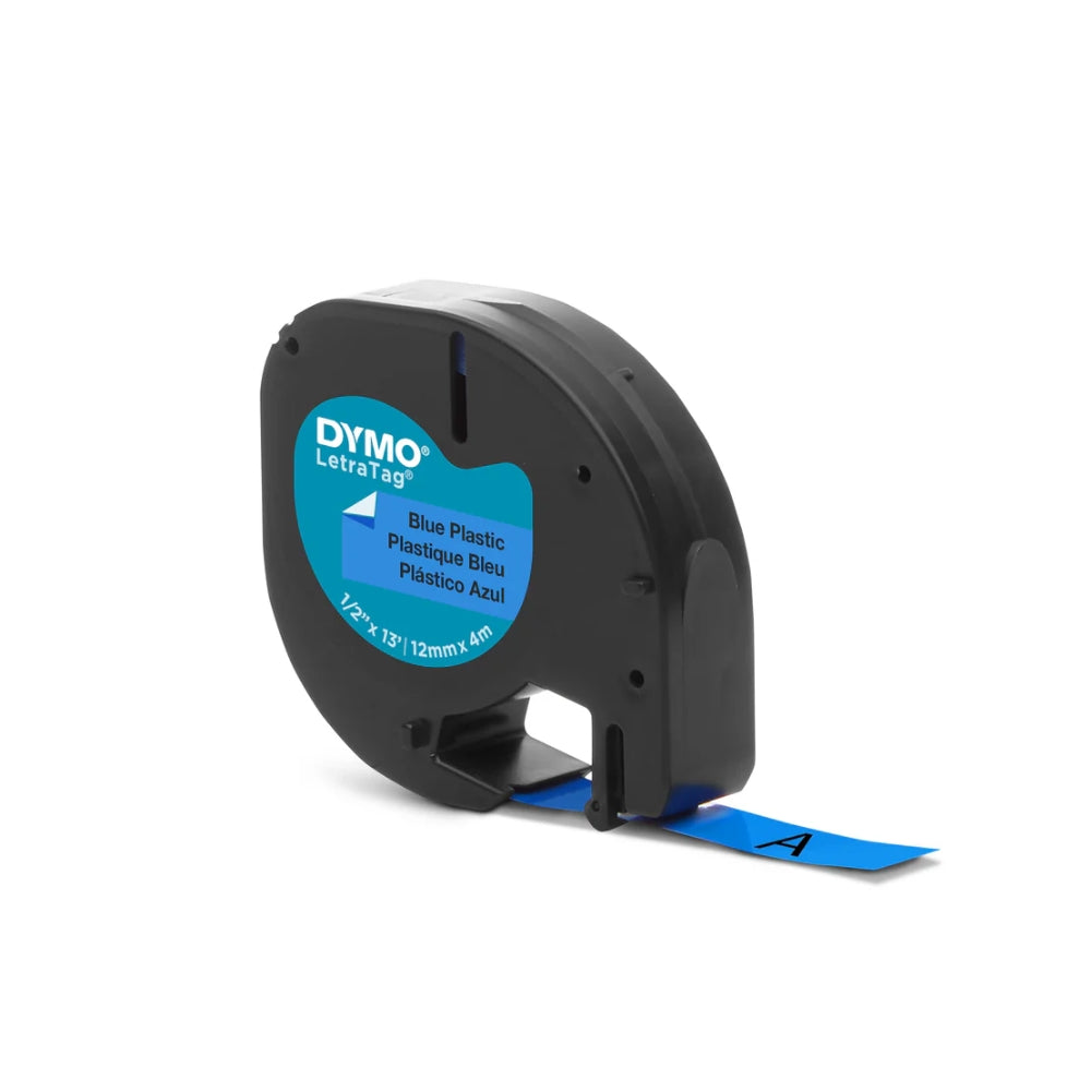 Cinta Dymo Letratag Plastico texto Negro fondo Azul 12mm x 4m 91335