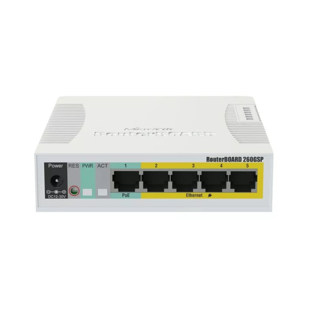Switch Mikrotik RB260GSP SoHo 5 Ethernet Gigabit PoE Funciones Avanzadas de Switching VLAN Filtro MAC y Mas Fuente Incluida CSS106-1G-4P-1S