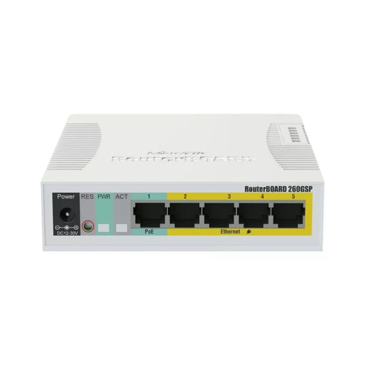 Switch Mikrotik RB260GSP SoHo 5 Ethernet Gigabit PoE Funciones Avanzadas de Switching VLAN Filtro MAC y Mas Fuente Incluida CSS106-1G-4P-1S