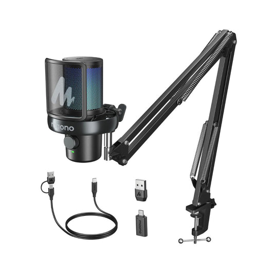 Microfono Maono Inalambrico de Condensador para Escritorio RGB Brazo Hidraulico Cambio de Voz con IA, Bateria de Larga Duraci