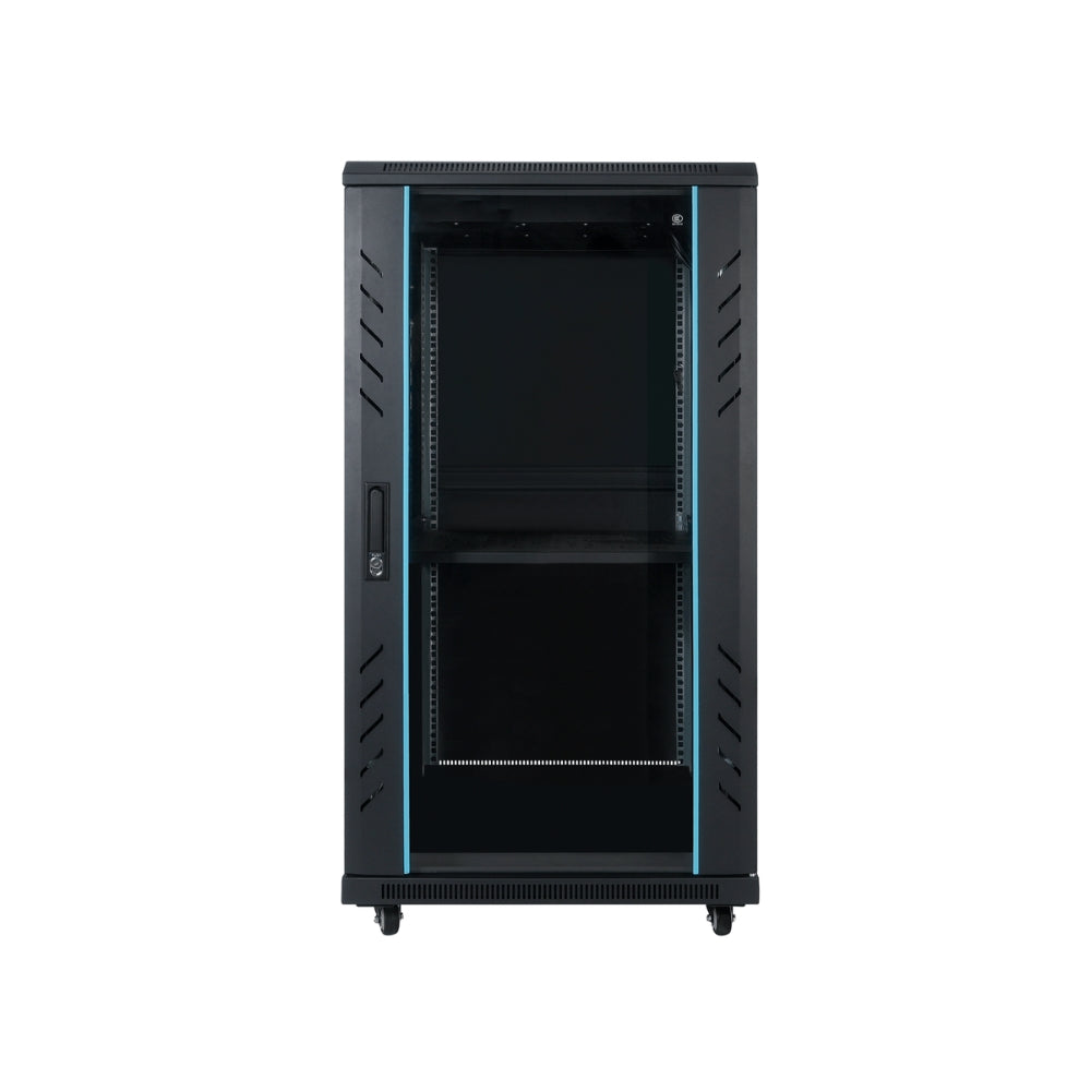 Gabinete Dimax 22U SOHO 19" 600x600x1200mm Puerta de Cristal Capacidad 600Kg Norma ROHS color Negro Z061