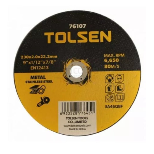 Disco de Corte Tolsen 9" 230x2.0x22.2mm para Metal y Acero Inoxidable Maximo 6,650 RPM 76107
