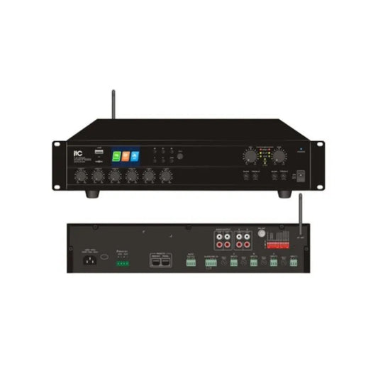 Amplificador ITC Mezclador 4 Zonas Potencia 4x120W Salida Parlantes 70/100V 4-16Ohms Puertos USB SD MP3 2 Entradas Aux RCA 3 Entradas de Microfono T-4120UC
