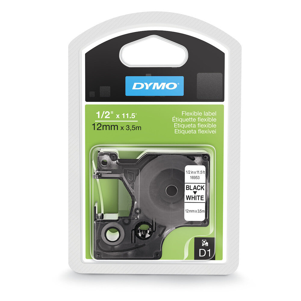 Cinta Dymo D1 Labelmanager Flexible texto Negro fondo Blanco 12mm x 3.5m 16953