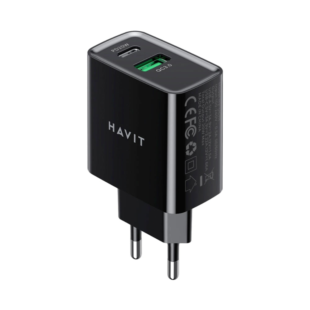 Cargador Havit Salida 1 Puerto USB-A 5V 3Amp y 1 Puerto USB-C 5V 3 Amp color Negro HV-UC111-US-B