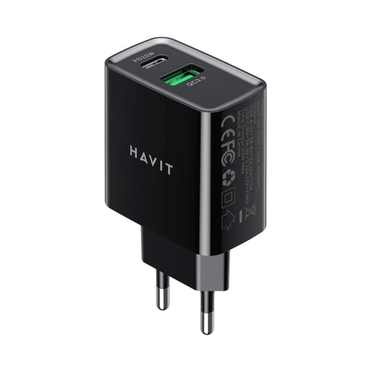 Cargador Havit Salida 1 Puerto USB-A 5V 3Amp y 1 Puerto USB-C 5V 3 Amp color Negro HV-UC111-US-B