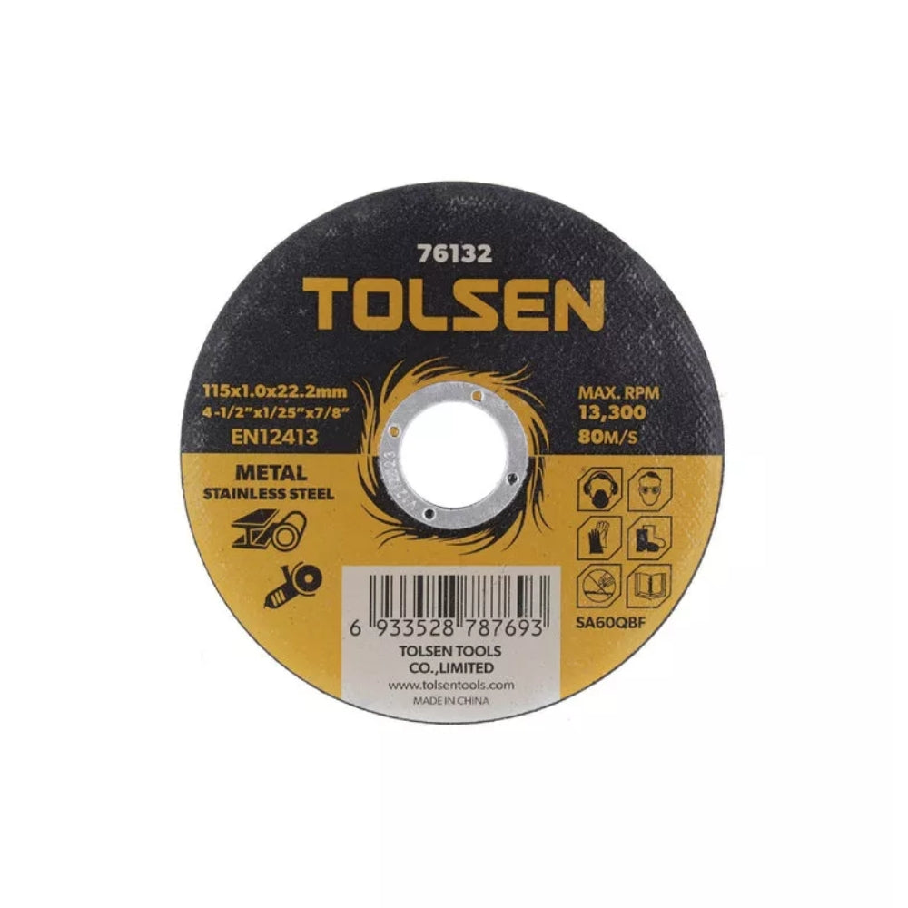 Disco de Corte Tolsen 4.5" 115x1.0x22.2mm para Metal y Acero Inoxidable Maximo 13,300 RPM 76132