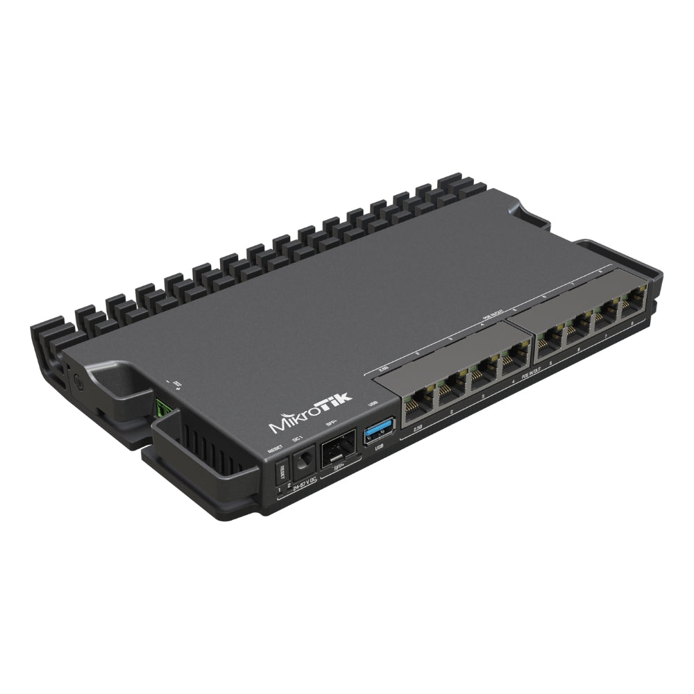Router Board Mikrotik 7 Puertos Gigabit + 1 Puerto SFP 2.5G CPU Quad Core ARMv8 1.4GHz RAM 1GB DDR4 Soporta PoE In Licencia Nivel 5 RB5009UPr+S+IN