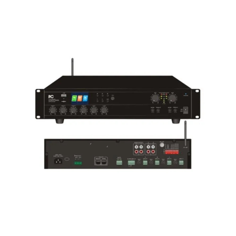 Amplificador ITC Mezclador 4 Zonas Potencia 4x240W Salida Parlantes 70/100V 4-16Ohms Puertos USB SD MP3 2 Entradas Aux RCA 3 Entradas de Microfono T-4240UC