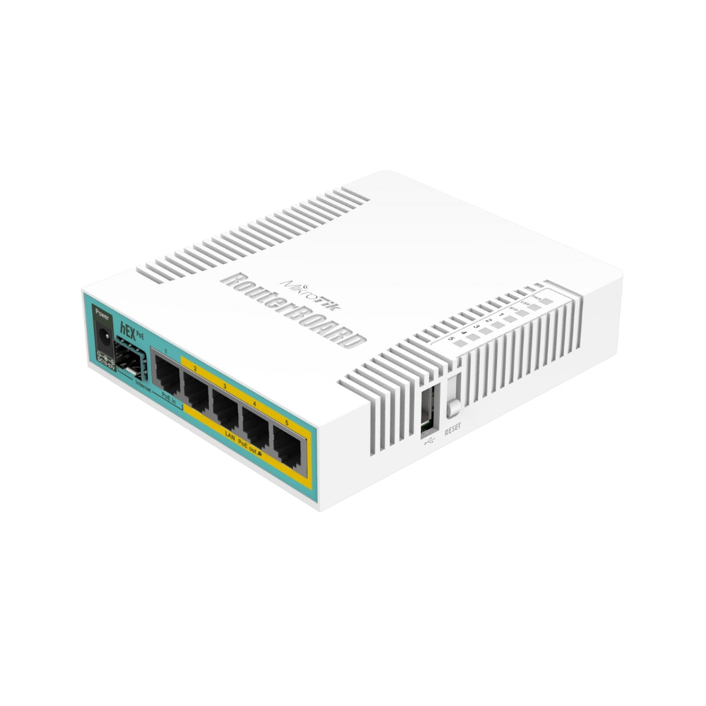 Router Board Mikrotik Hex 5 Puertos Gigabit + 1 Puerto CPU 800MHz SFP PoE Pasivo 1Amp por Puerto Incluye Adaptador Licencia Nivel 4 RB960PGS