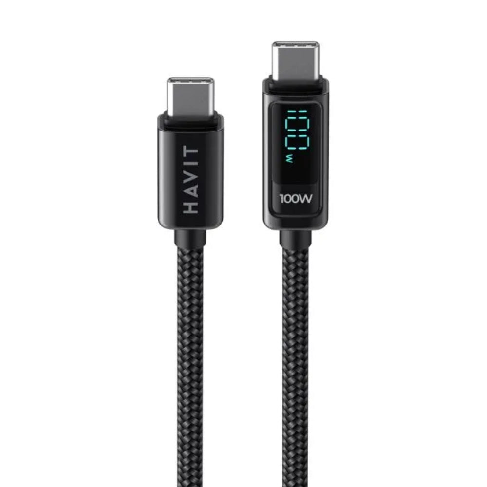 Cable Havit de carga USB-C a USB-C Soporta 20V 5Amp 100Watts con Pantalla para ver la carga Longitud 2 Metros CB6247-BLACK