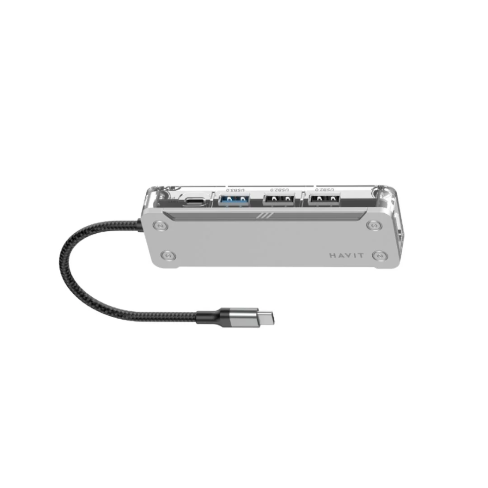 Hub USB-C Havit 5en1 2xUSB-A 2.0, 1xUSB-A 3.0, 1xUSB-C 3.1, 1xHDMI 4K Carcasa de Aluminio+ABS Transparente HB4020-SV
