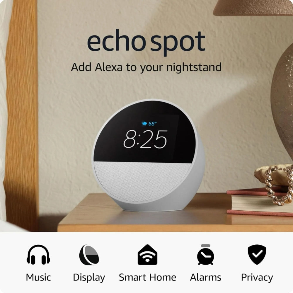 Parlante Amazon Alexa Echo Spot 2024 Sonido Vibrante Pantalla 2.83" 320x240Pixeles 3 Botones color Blanco Glaciar BV84J9-WH