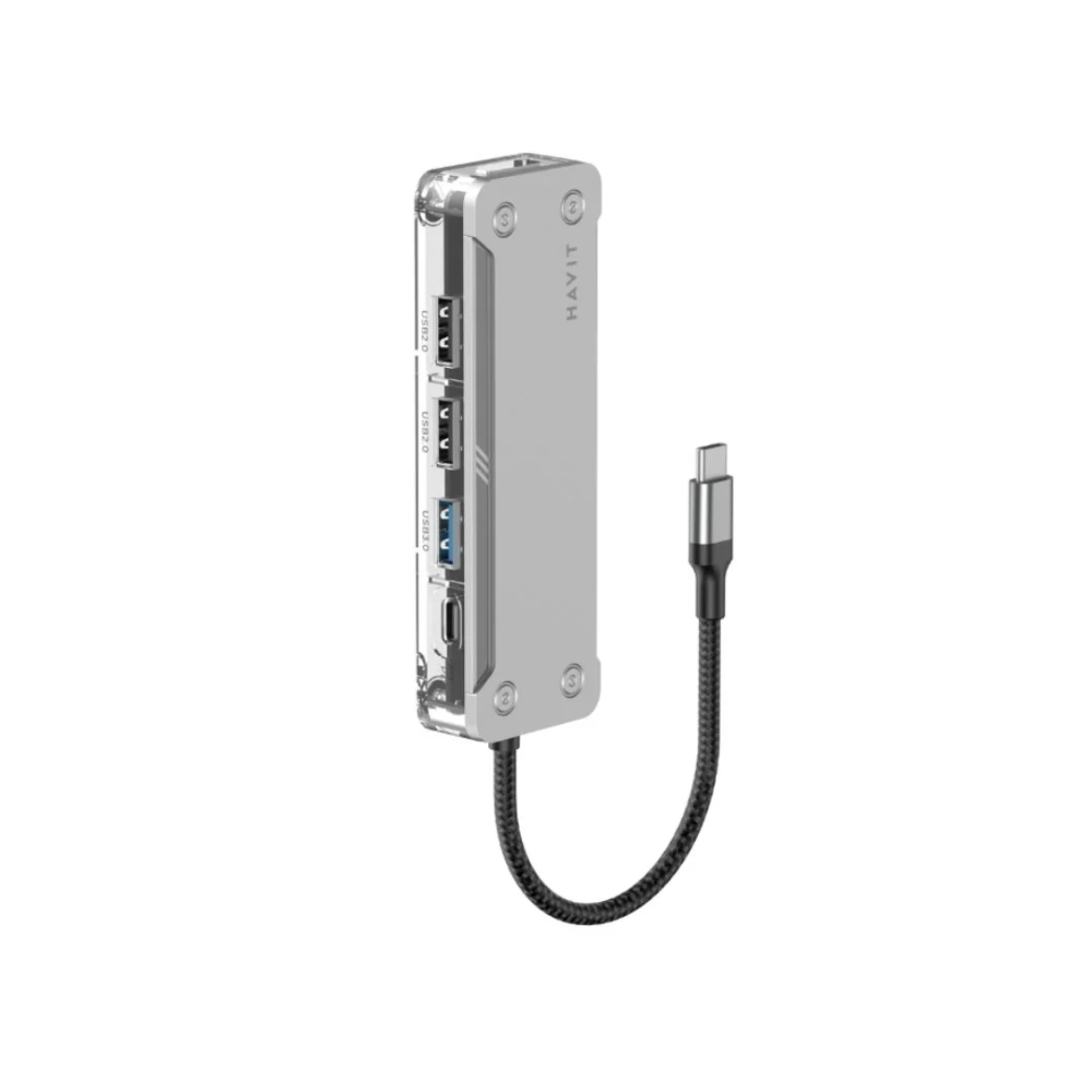 Hub USB-C Havit 5en1 2xUSB-A 2.0, 1xUSB-A 3.0, 1xUSB-C 3.1, 1xHDMI 4K Carcasa de Aluminio+ABS Transparente HB4020-SV