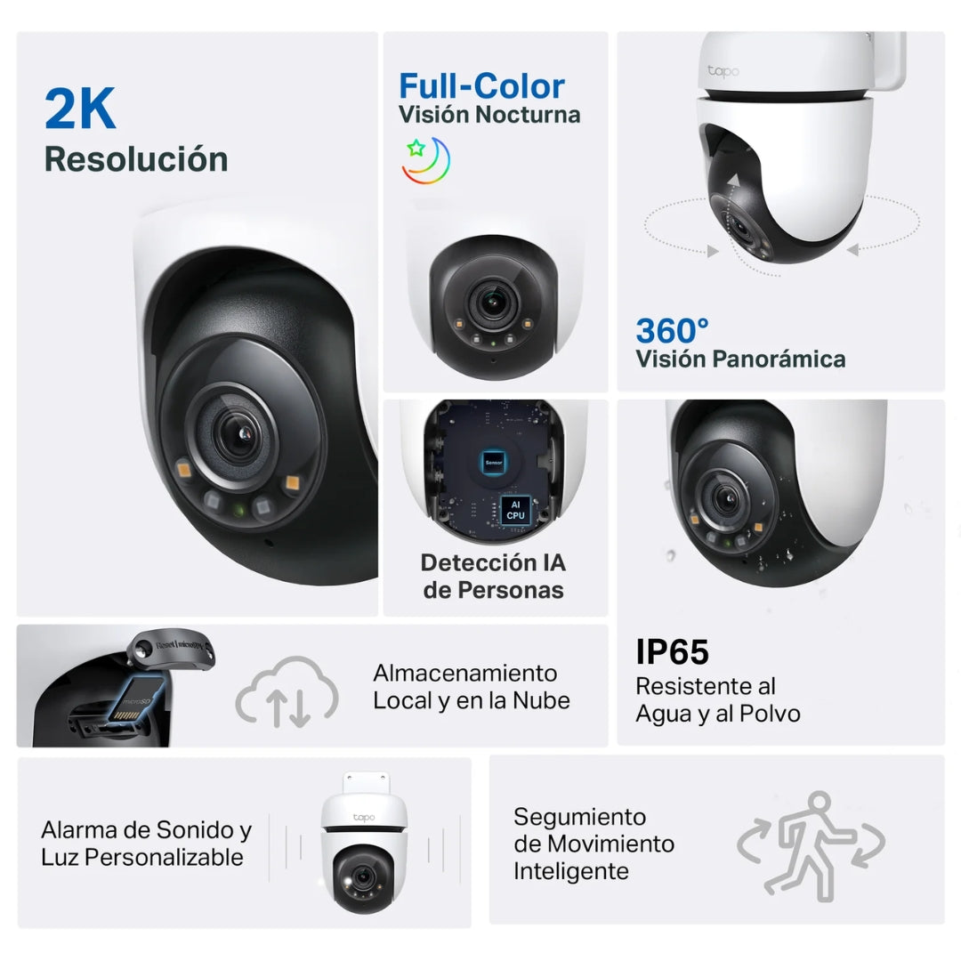 Camara para Exterior Tapo 2K QHD WiFi Giro Horizontal 360 Vertical 130grados Full Color Vision Nocturna Sensor de Movimiento Audio 2 Vias IP66 Tapo C510W