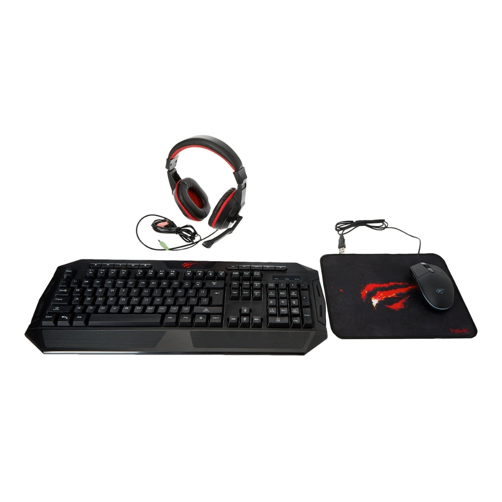 Combo Gamer Havit 4en1 Mouse 2400DPI Auricular con Altavoz magnetico de 40mm Teclado con Luces y Mouse Pad KB501CM