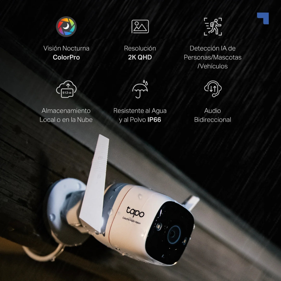 Camara para Exterior Tapo 2K QHD WiFi Deteccion de Vehiculo Mascota Vision Nocturna 30m Sensor de Movimiento Audio 2 Vias IP66 Tapo C325WB