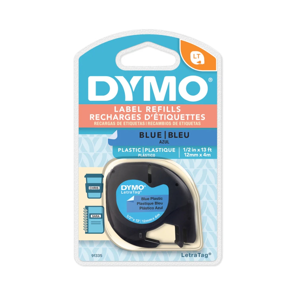 Cinta Dymo Letratag Plastico texto Negro fondo Azul 12mm x 4m 91335