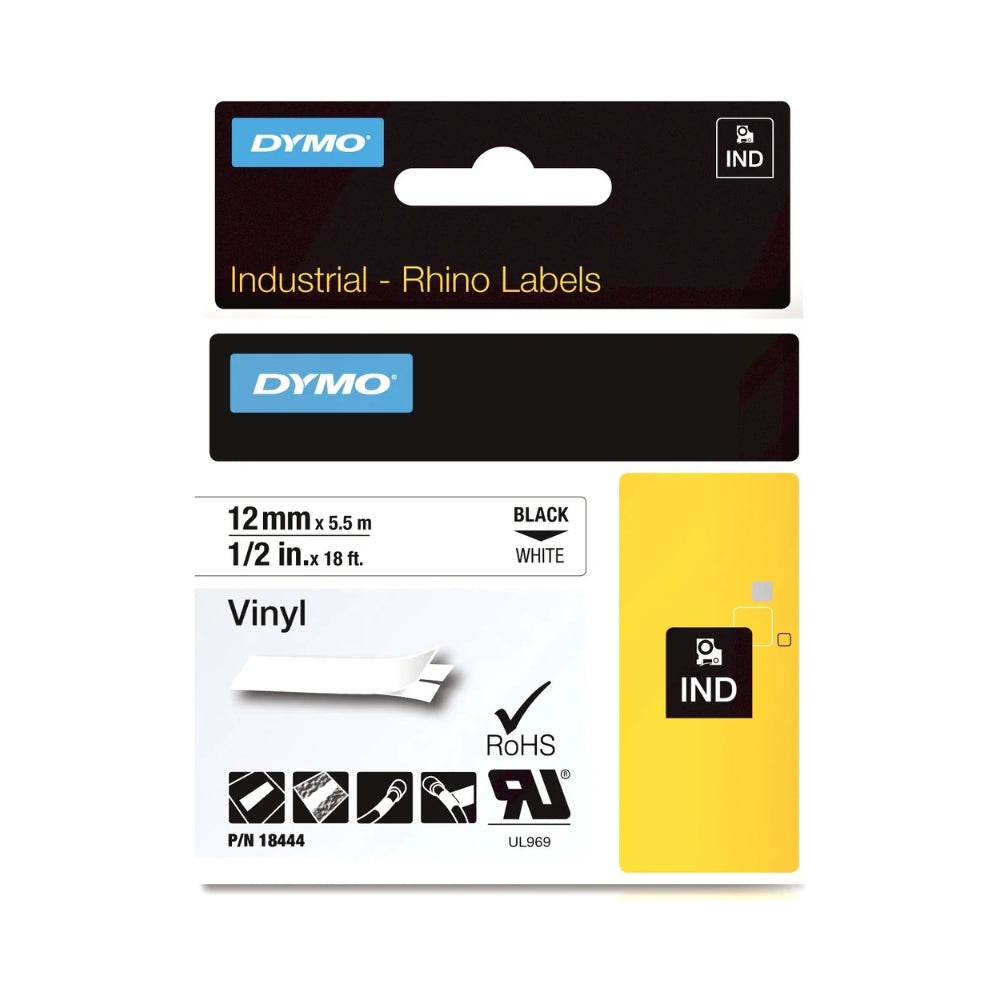 Cinta Dymo Rhino Industrial Vinil texto Negro fondo Blanco 12mm x 5.5m 18444