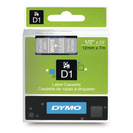 Cinta Dymo D1 Labelmanager Standard Blanco fondo Transparente 12mm x 7m 45020