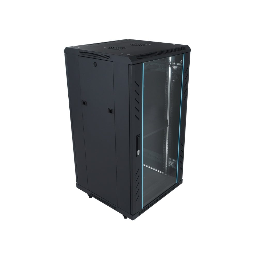 Gabinete Dimax 22U SOHO 19" 600x600x1200mm Puerta de Cristal Capacidad 600Kg Norma ROHS color Negro Z061