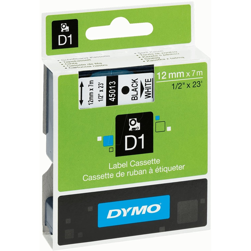 Cinta Dymo D1 Labelmanager Standard color texto Negro fondo Blanco 12mm x 7m 45013