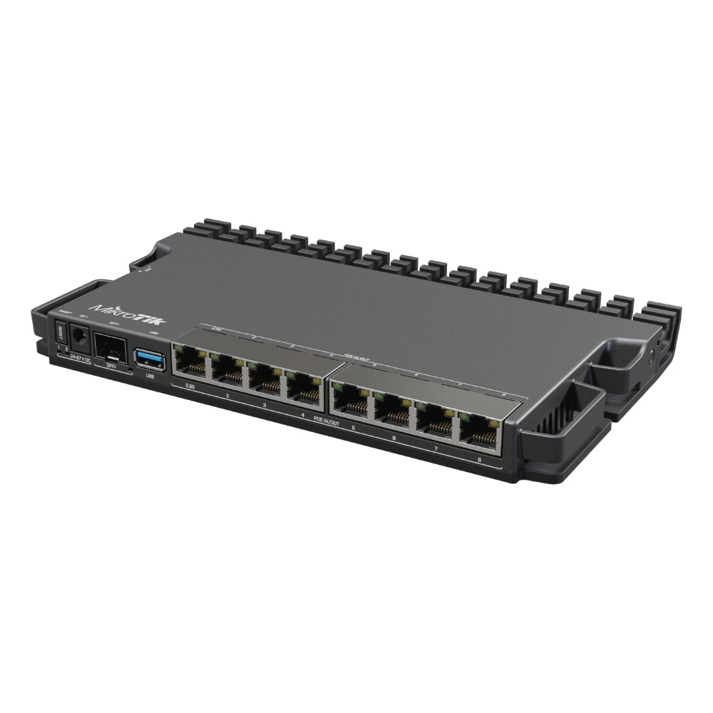 Router Board Mikrotik 7 Puertos Gigabit + 1 Puerto SFP 2.5G CPU Quad Core ARMv8 1.4GHz RAM 1GB DDR4 Soporta PoE In Licencia Nivel 5 RB5009UPr+S+IN