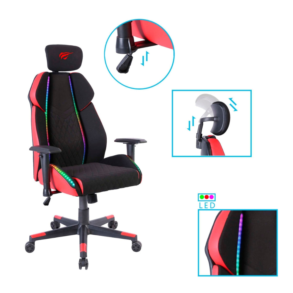 Silla Gamer Havit con Luces RGB Reposa Brazos 2D Soporta hasta 120Kg color Negro y Rojo GC938-BR
