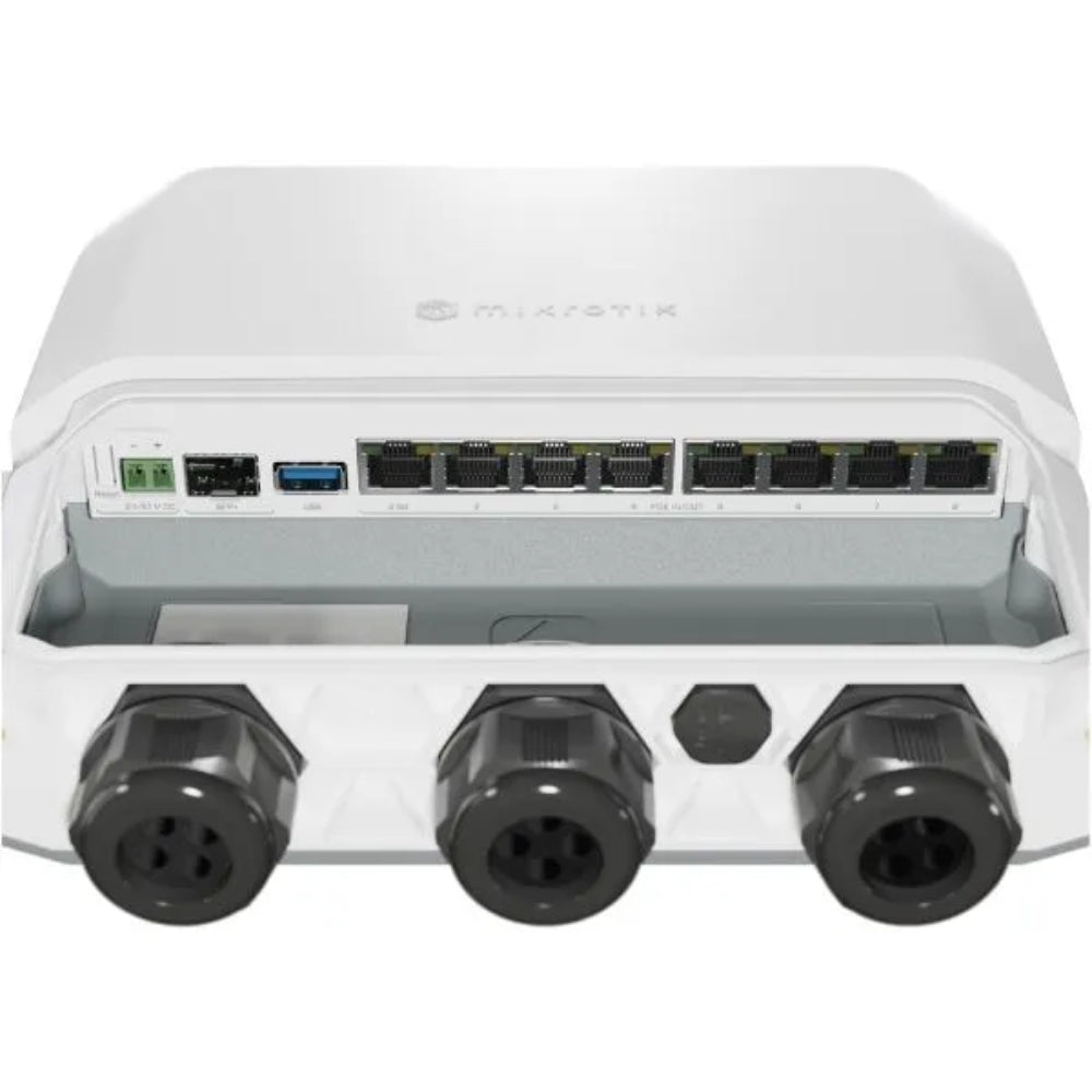 Router Board Mikrotik para Exterior 7 Puertos Gigabit + 1 Puerto SFP 2.5G CPU Quad Core ARMv8 1.4GHz RAM 1GB DDR4 Soporta PoE In Licencia Nivel 5 RB5009UPr+S+OUT