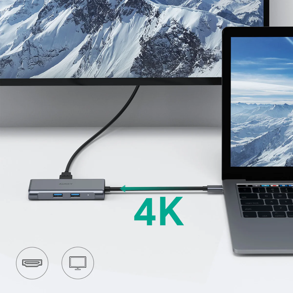 Hub UBS-C Aukey 6en1 100Watts HDMI 4K USB-A USB-C Ethernet CB-C75