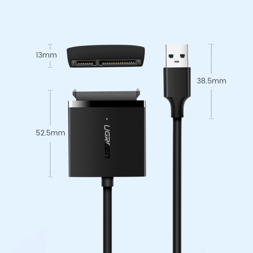 Adaptador Ugreen USB-A 3.0 a Sata 1/2/3 Compatible con HDD SSD 2.5" 3.5" Hasta 12TB Velocidad hasta 5Gbps Protocolo UASP 60561