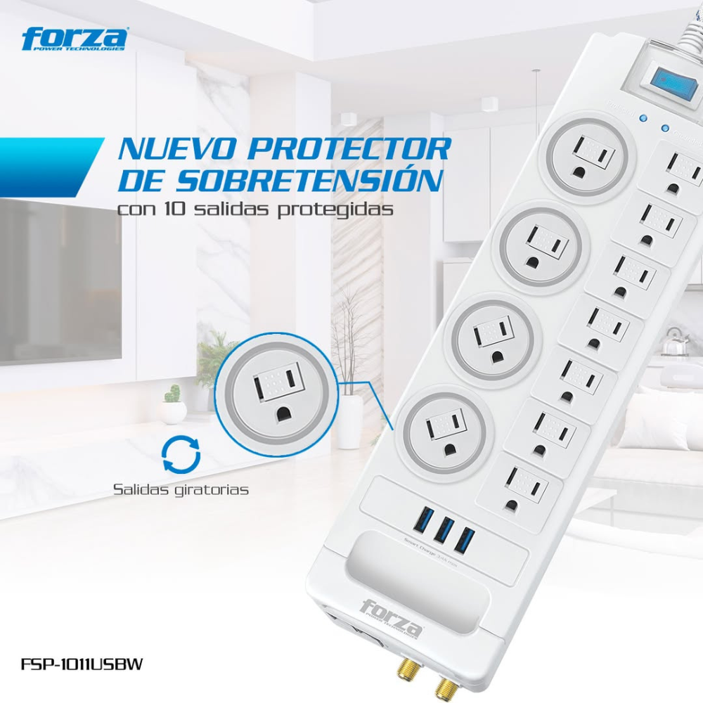 Protector de Sobretension Forza Nivel 2 1800J 1750W con 11 Salidas NEMA y 3 Puertos USB-A FSP-1011USBW