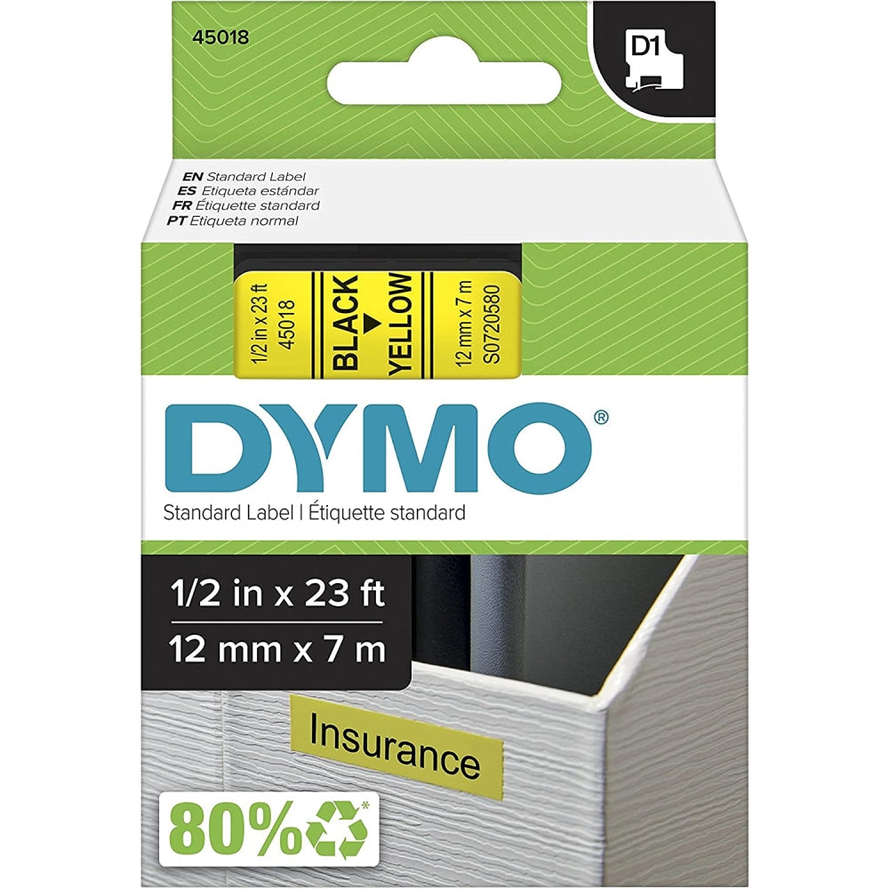 Cinta Dymo D1 Labelmanager Standard texto Negro fondo Amarillo 12mm x 7m 45018