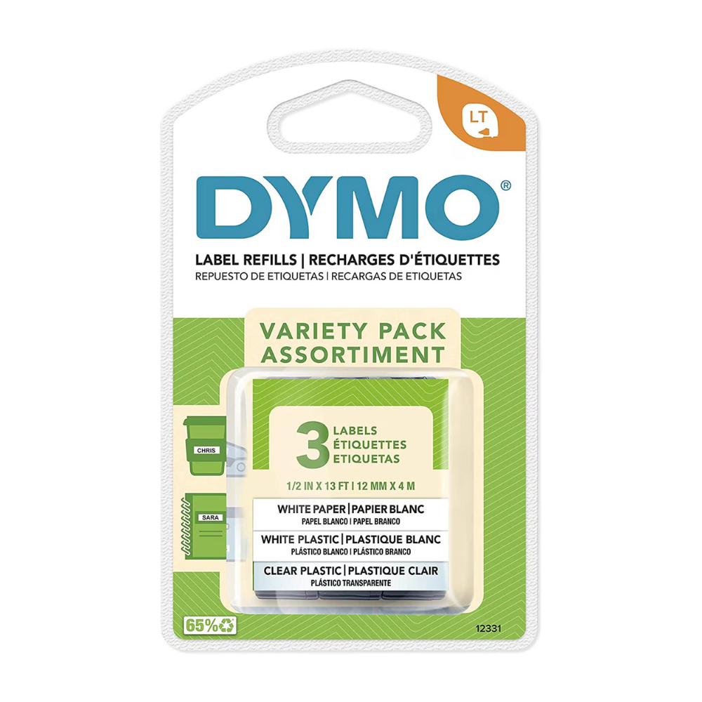 Kit 3 Piezas Cinta Dymo Letratag 1xPlastico Blanco 1xPlastico Transparente 1xPapel Blanco 12mm x 4m 12331