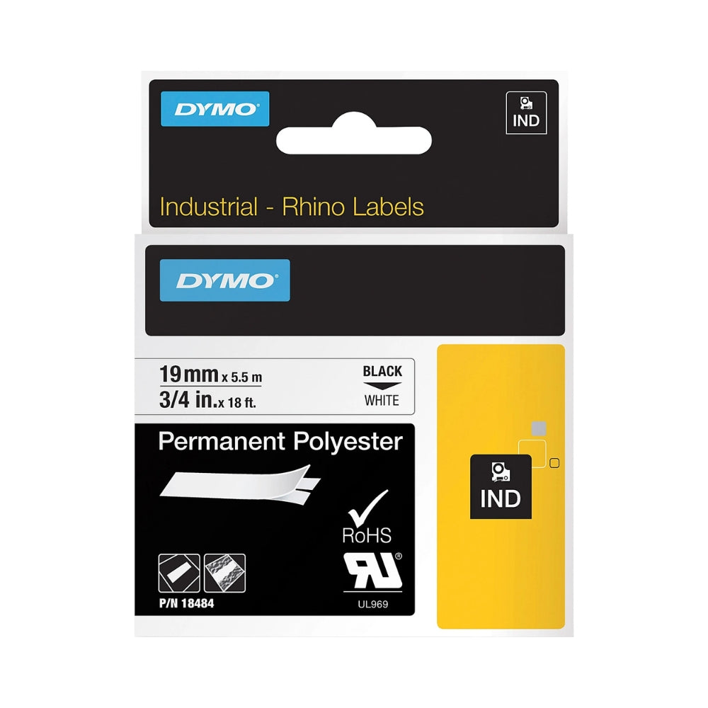 Cinta Dymo Rhino Industrial Poliester Permanente texto Negro fondo Blanco 19mm x 5.5m 18484