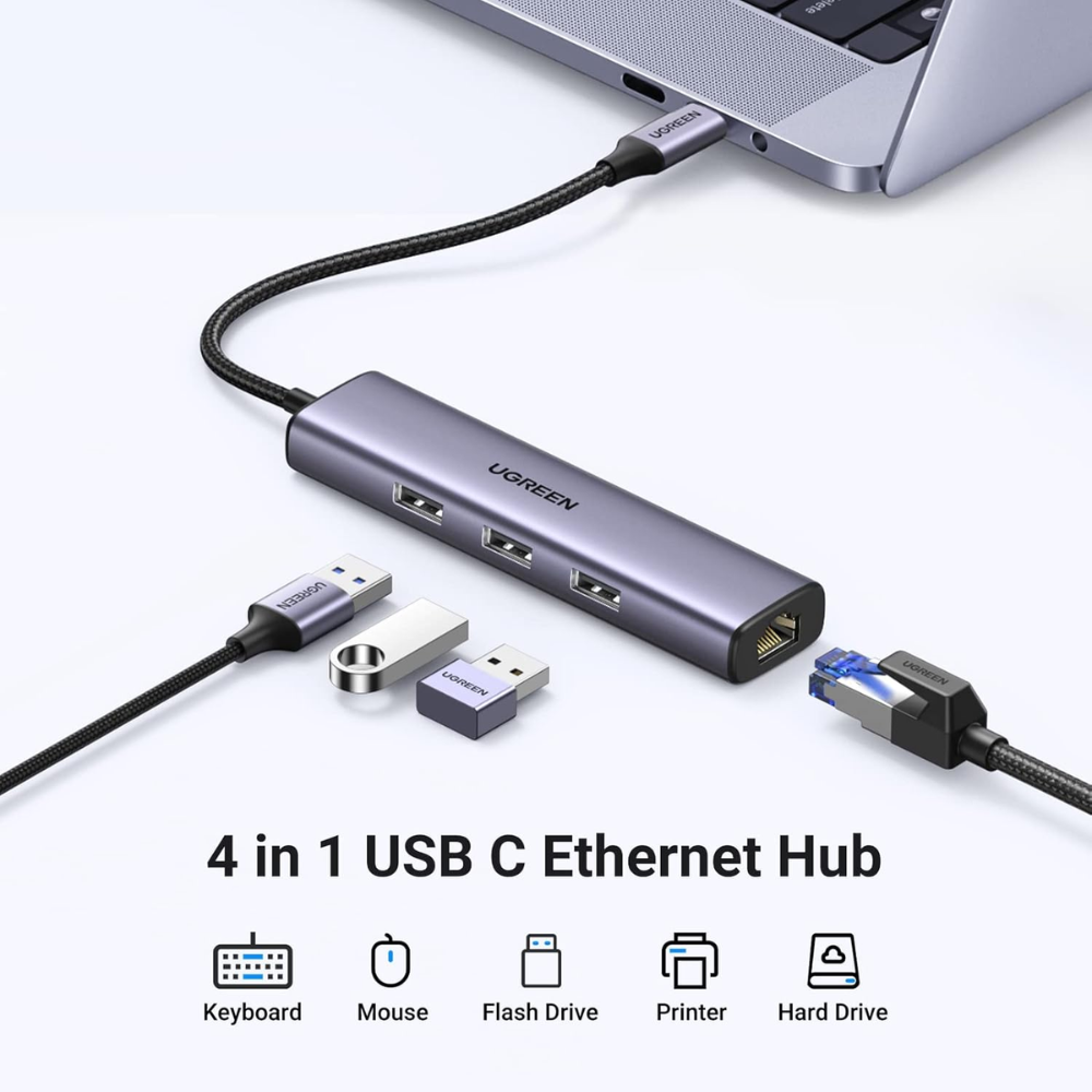 Hub USB-C a 3 Puertos USB-A 3.0 hasta 5Gbps 1 Puerto Ethernet Gigabit Diseño en ALuminio 60600