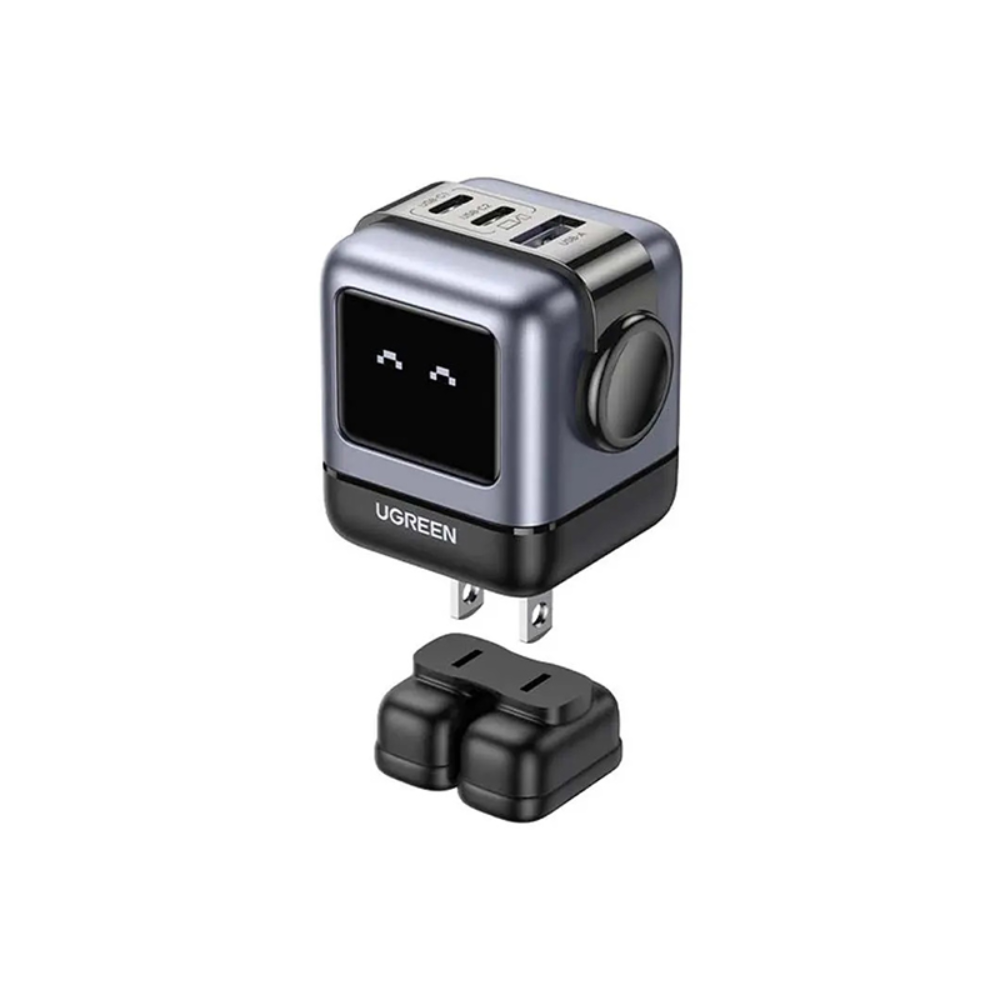 Cargador Ugreen USB-C 65W Nexode Robot GaN con Pantalla LED y Botas Magneticas Extraibles 1xUSB-A 3.0 y 2xUSB-C color Gris 15570