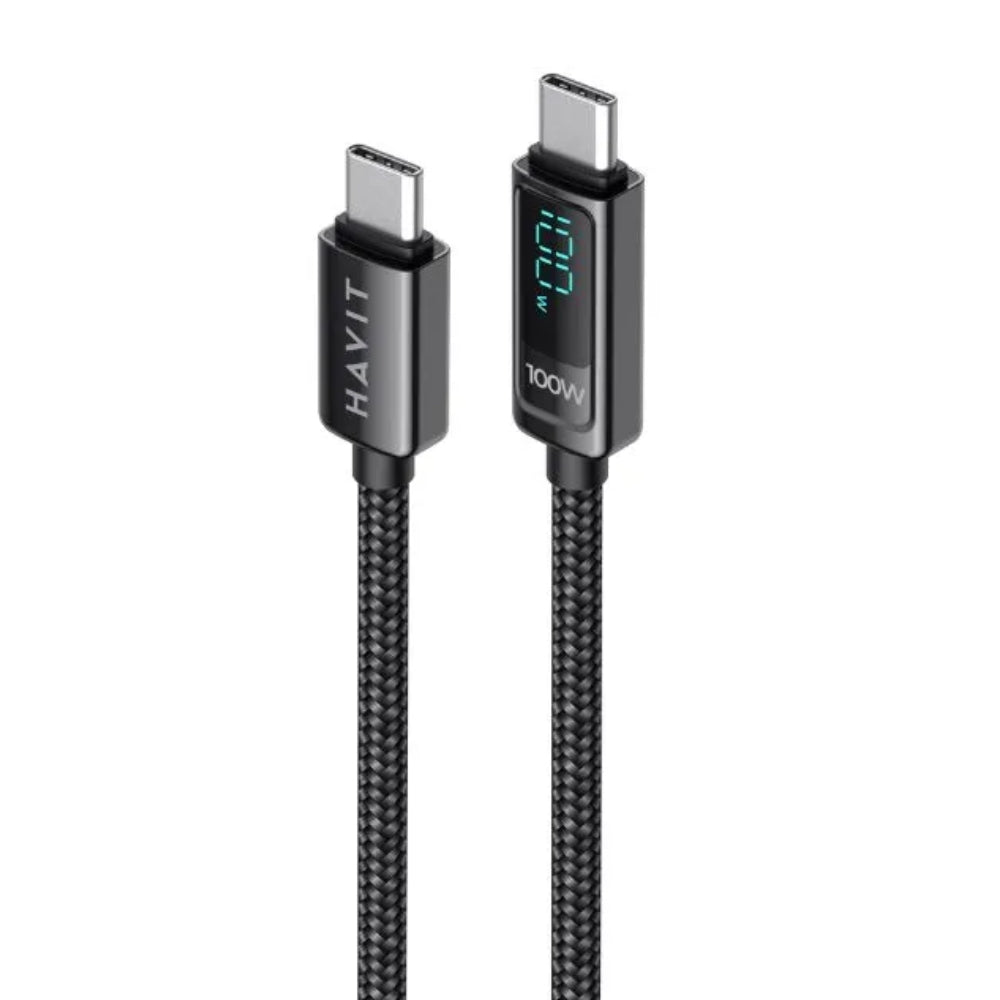 Cable Havit de carga USB-C a USB-C Soporta 20V 5Amp 100Watts con Pantalla para ver la carga Longitud 2 Metros CB6247-BLACK