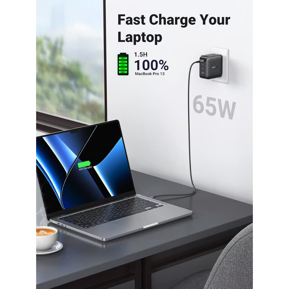 Cargador Ugreen de 65W 3 Puertos USB-C 1 Puerto USB-A Tecnologia GaN Ligero y Compacto 70773