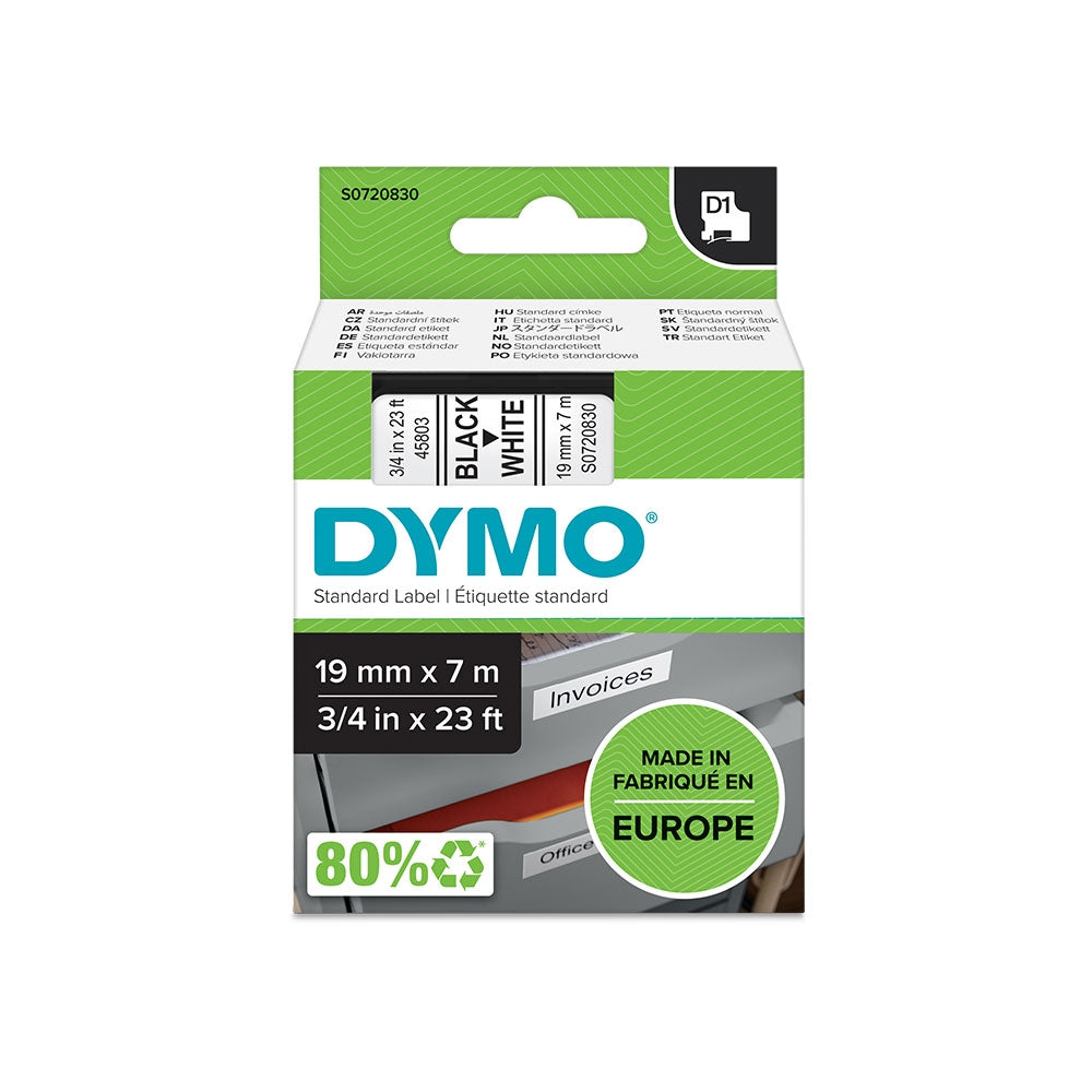 Cinta Dymo D1 Labelmanager Standard texto Negro fondo Blanco 19mm x 7m 45803