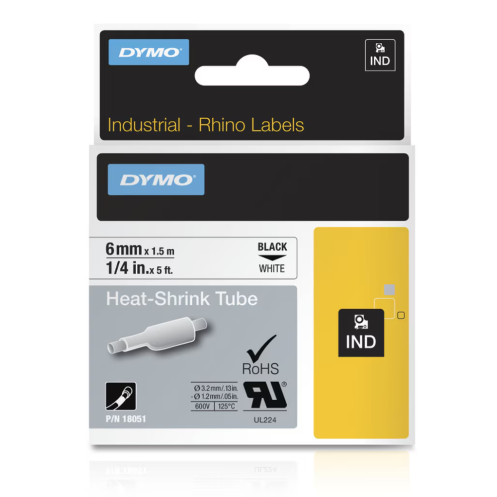Cinta Dymo Rhino Industrial Termocontraible texto Negro fondo Blanco 6mm x 1.5m 18051