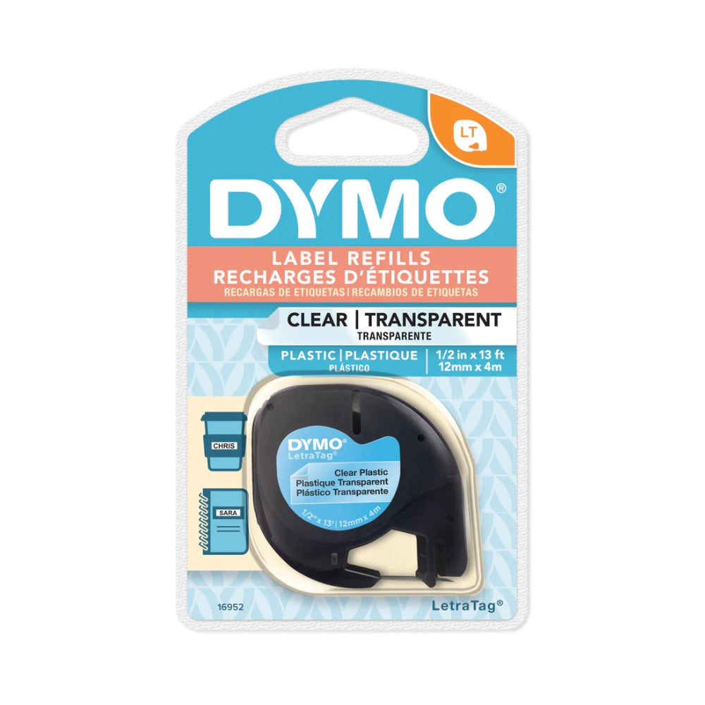 Cinta Dymo Letratag Plastico texto Negro fondo Transparente 12mm x 4m 16952