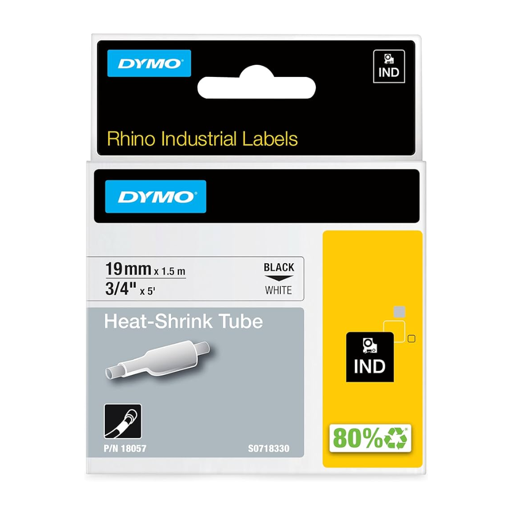 Cinta Dymo Rhino Industrial Termocontraible texto Negro fondo Blanco 19mm x 1.5m 18057