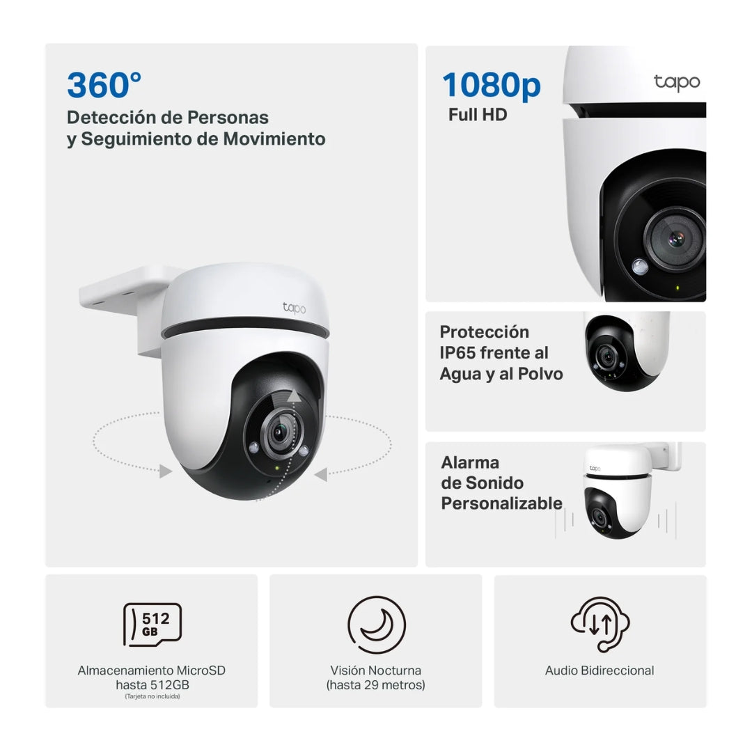 Camara para Exterior Tapo Full HD WiFi Giro Horizontal 360 Vertical 130grados Full Color Vision Nocturna Sensor de Movimiento Audio 2 Vias IP65 Tapo C500
