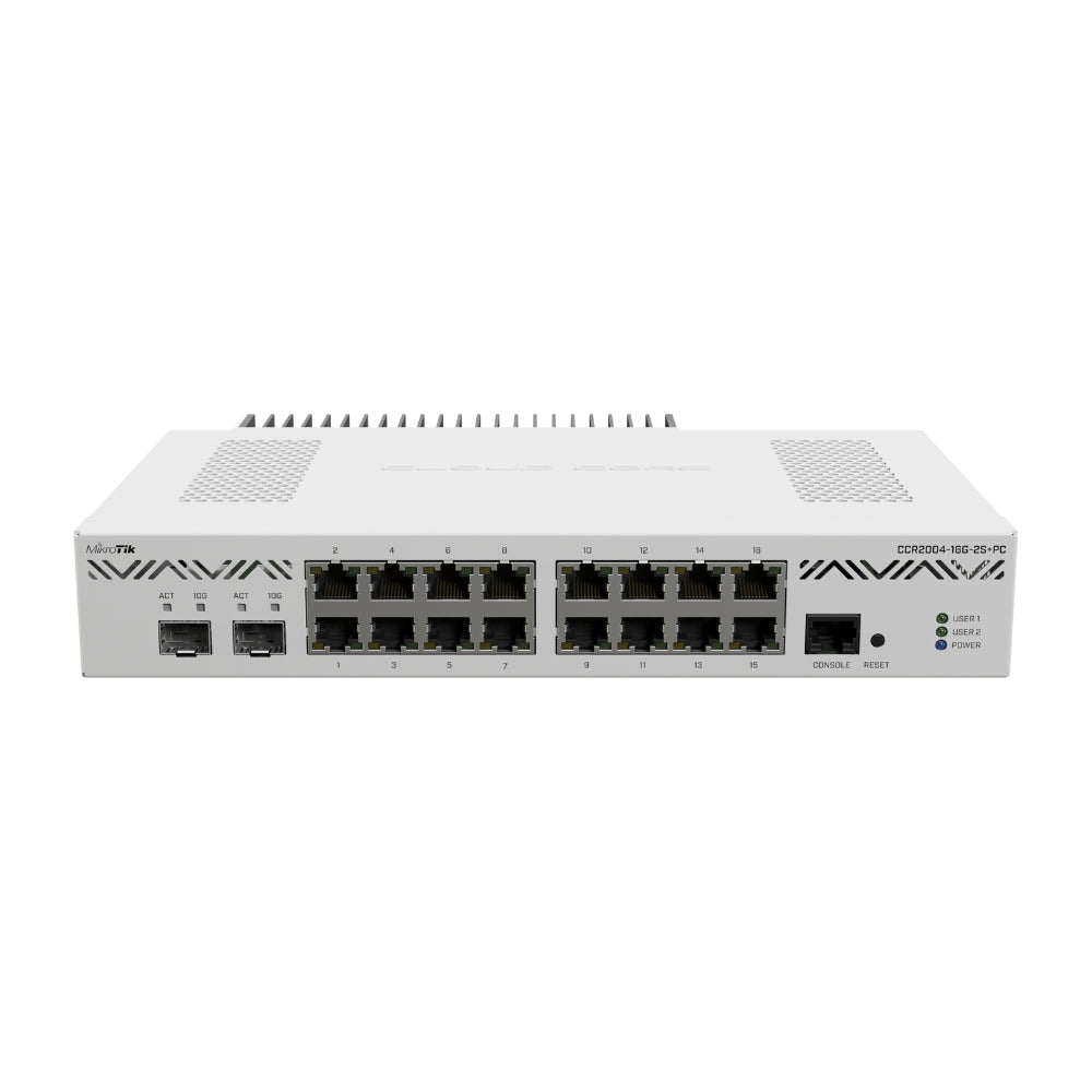 Cloud Core Router Mikrotik 16 Puertos Gigabit + 2 Puertos SFP + Puerto Consola CPU AlvinoV2 RAM 4GB Cooler Pasivo Licencia Nivel 6 Rackeable CCR2004-16G-2S+PC
