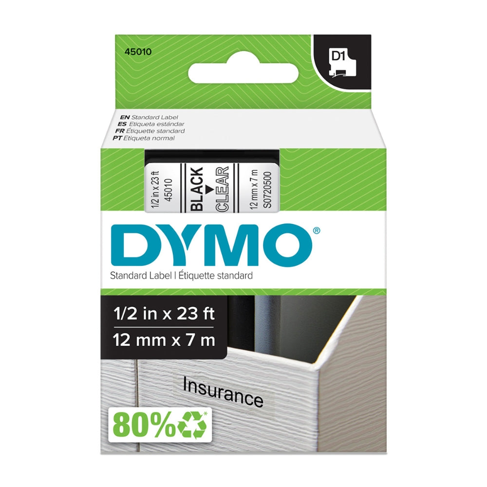 Cinta Dymo D1 Labelmanager Standard texto Negro fondo Transparente 12mm x 7m 45010